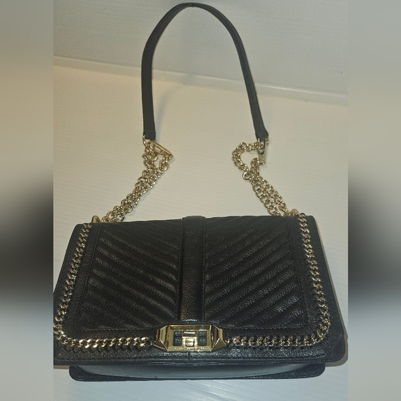 Rebecca Minkoff Love Crossbody Bag Black Chevron Quilted Leather with Gold Chain - Picture 15 of 16